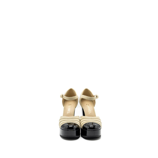 Chanel Size 38 open High Platform Shoe suede / Paten / Calfskin Ivroy  / Black