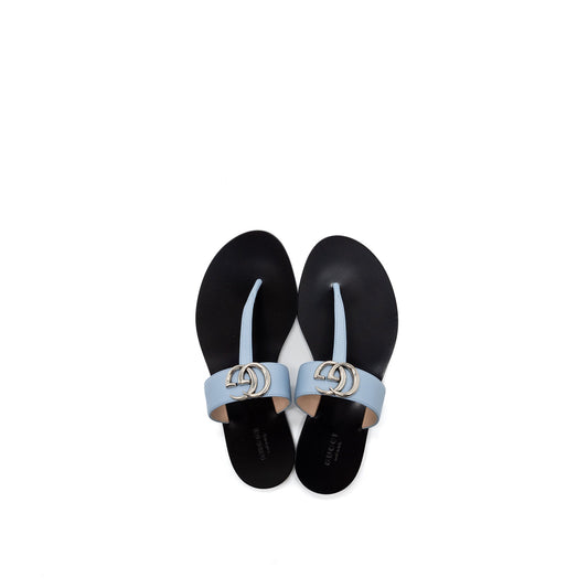 Gucci Size 37 Leather Thong Sandal With Double G Leather Light Blue SHW
