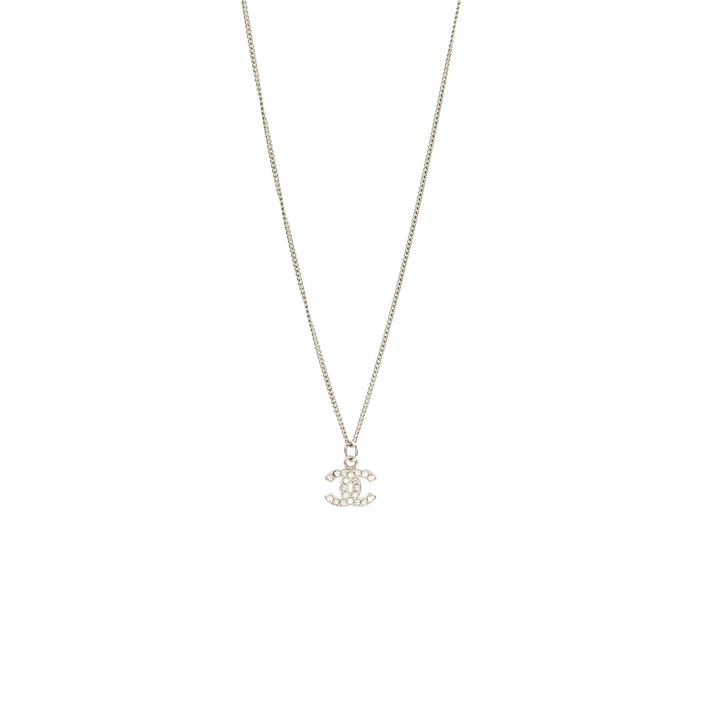 Chanel CC Logo Necklace Crystal Silver Tone