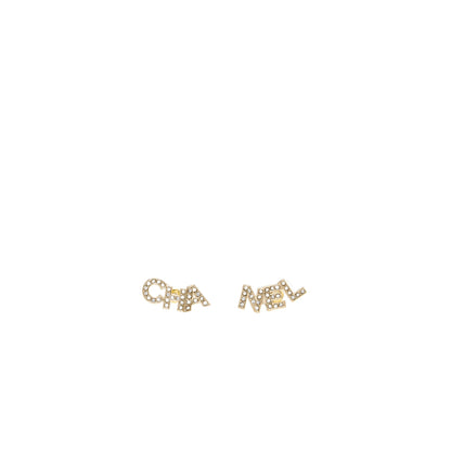 Chanel Crystal Letter Logo Earring Light Gold Tone