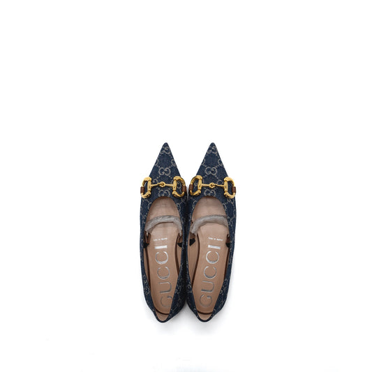Gucci Size 37 GG Horsebit Ballerina Shoes GG Supreme Denim