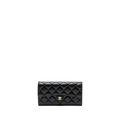 Chanel classic long flap wallet lambskin black  (microchip)