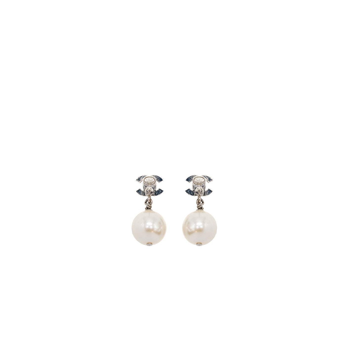 Chanel CC Logo Pearl Dropped Earrings Silver Tone
