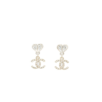 Chanel Heart CC Drop Earrings Crystal Light Gold Tone