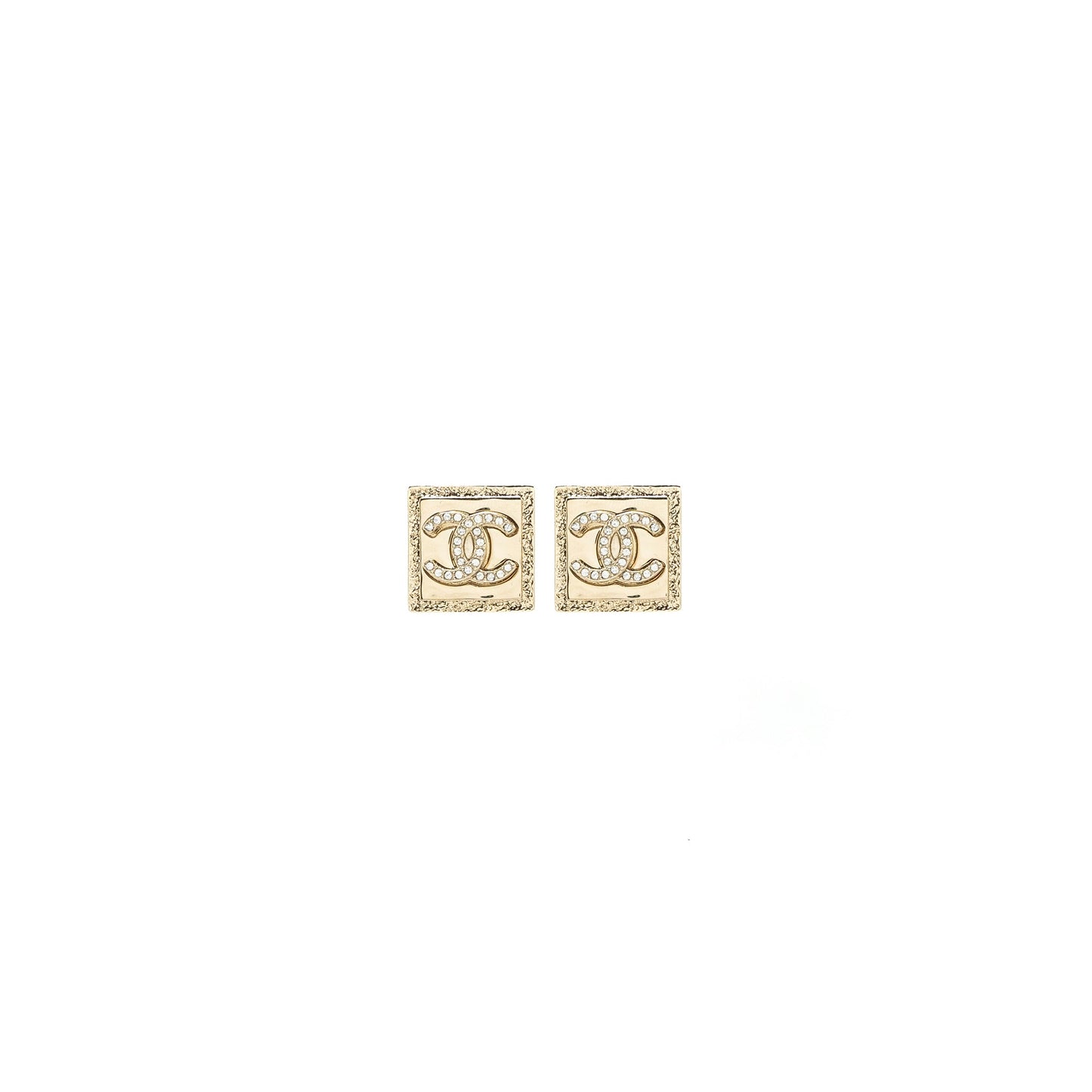 Chanel Square CC logo Earrings Crystal Light Gold Tone