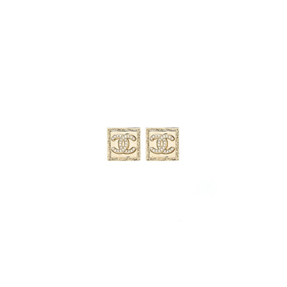 Chanel Square CC logo Earrings Crystal Light Gold Tone