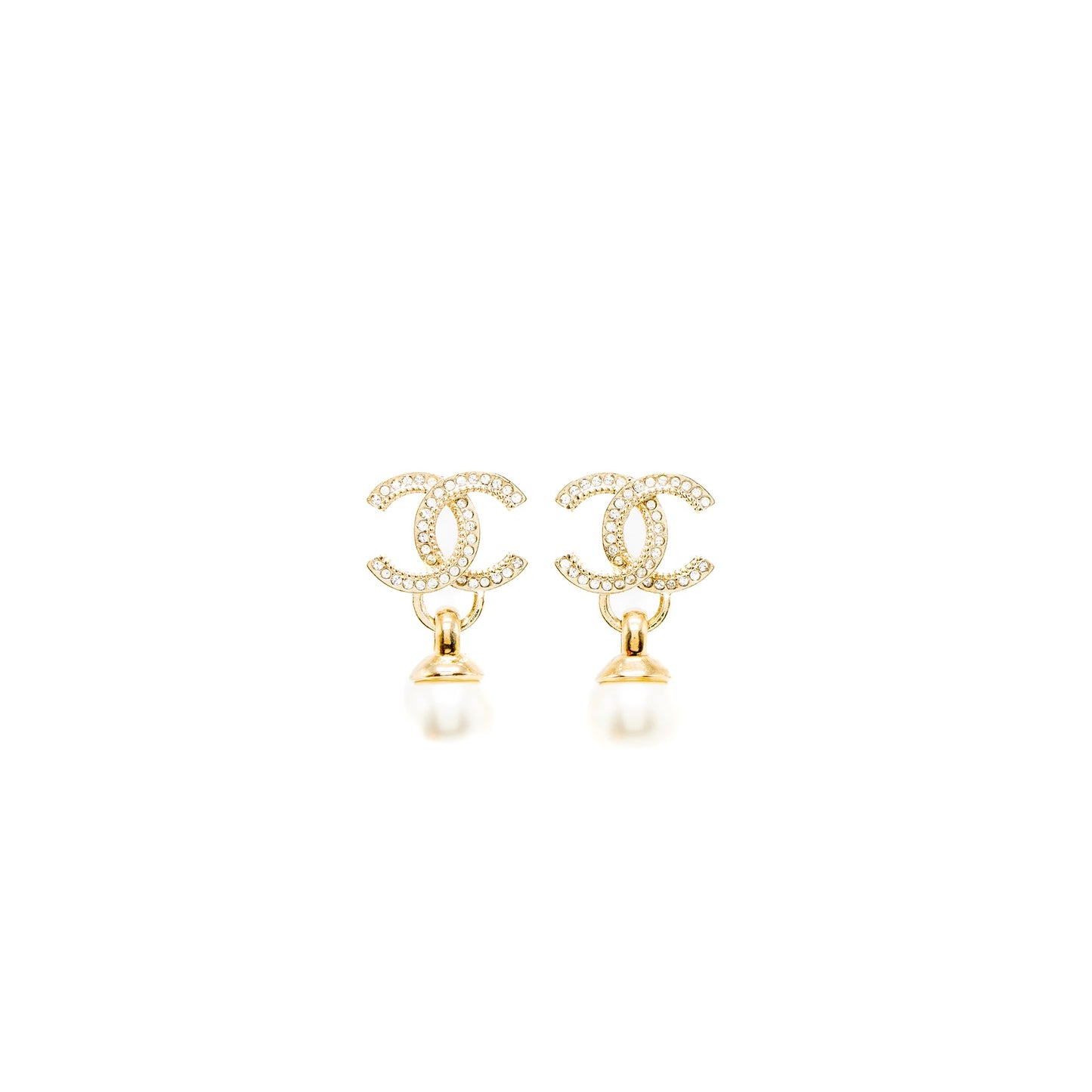Chanel 22K CC Logo Drop Earrings Crystal/Pearl Light Gold Tone