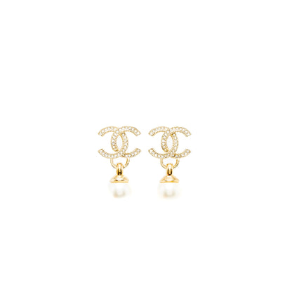 Chanel 22K CC Logo Drop Earrings Crystal/Pearl Light Gold Tone