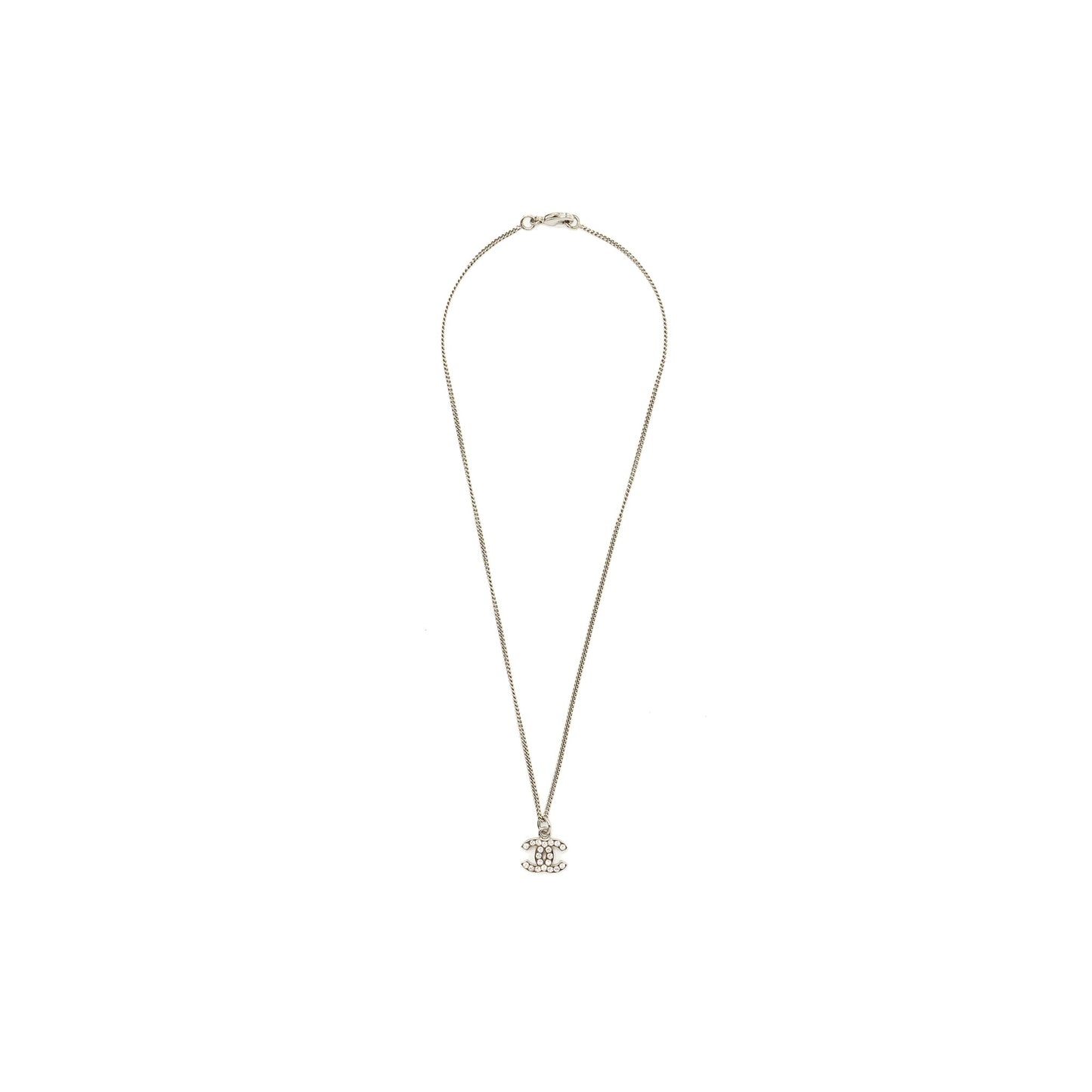 Chanel CC Logo Necklace Crystal Silver Tone