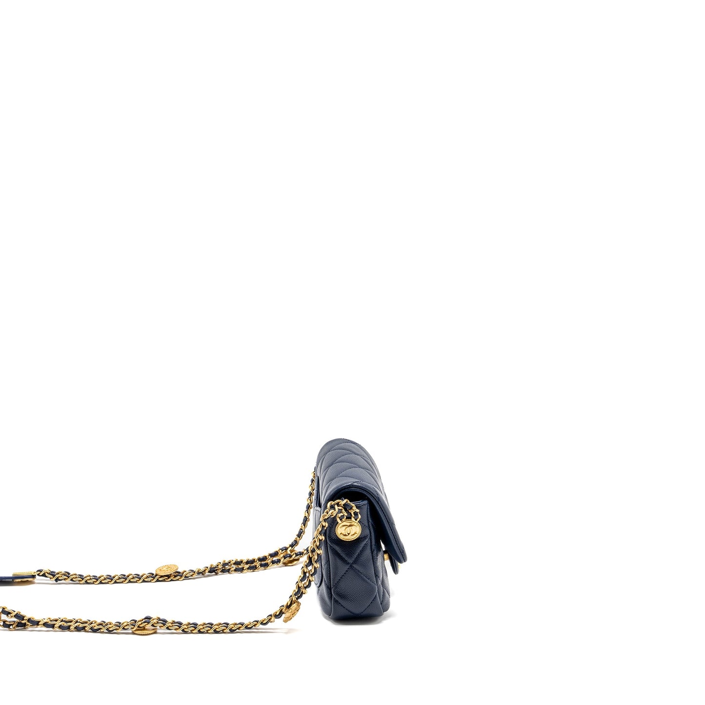 Chanel 22A Button On Chain Mini Square Flap Bag Caviar Navy  (Microchip)