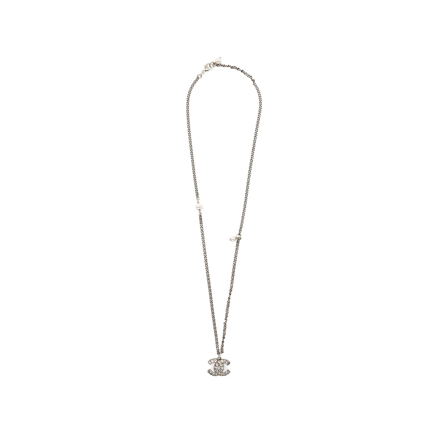 Chanel cc logo necklace crystal/pearl ruthenium hardware