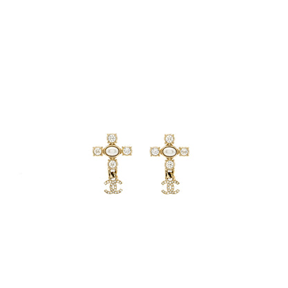 Chanel Cross earrings with CC Logo dropped, Crystal/ pearl Gold Tone