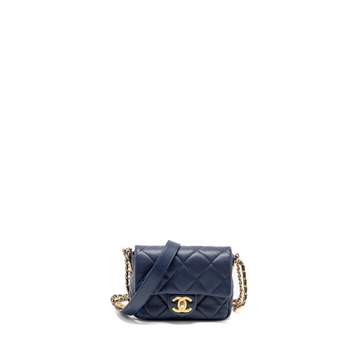 Chanel 22A Button On Chain Mini Square Flap Bag Caviar Navy  (Microchip)