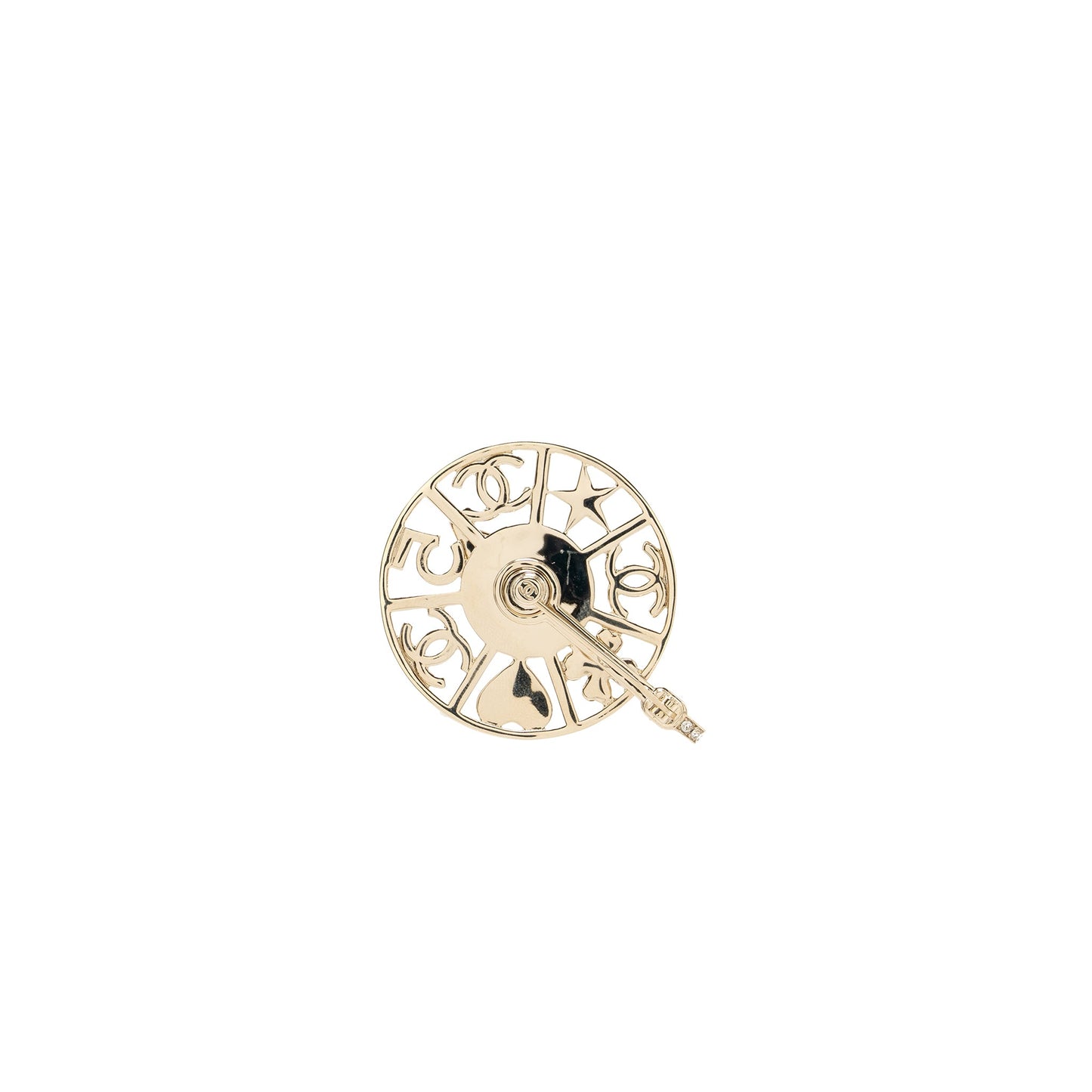 Chanel Strass spinning wheel pin brooch with Crystal / pearl Light Gold tone