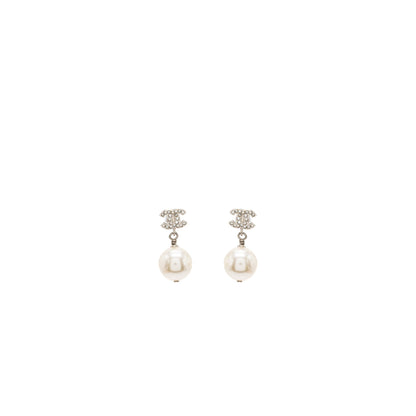 Chanel CC Logo Pearl Dropped Earrings Silver Tone