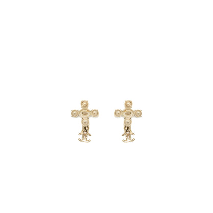 Chanel Cross earrings with CC Logo dropped, Crystal/ pearl Gold Tone