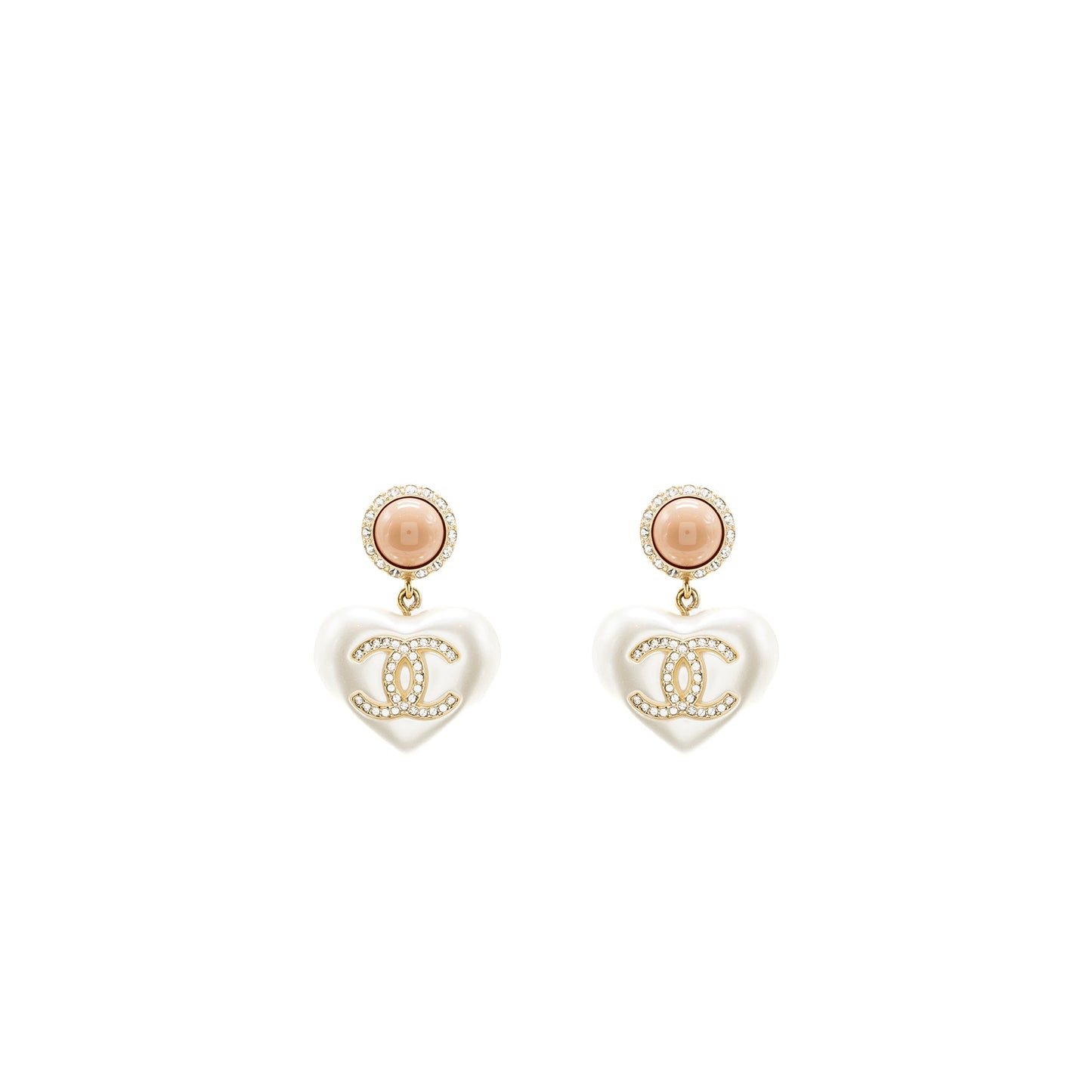 Chanel giant cc logo heart earrings crystal/pearl light gold tone
