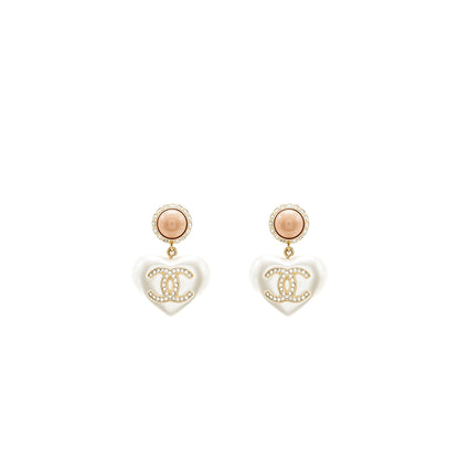 Chanel giant cc logo heart earrings crystal/pearl light gold tone
