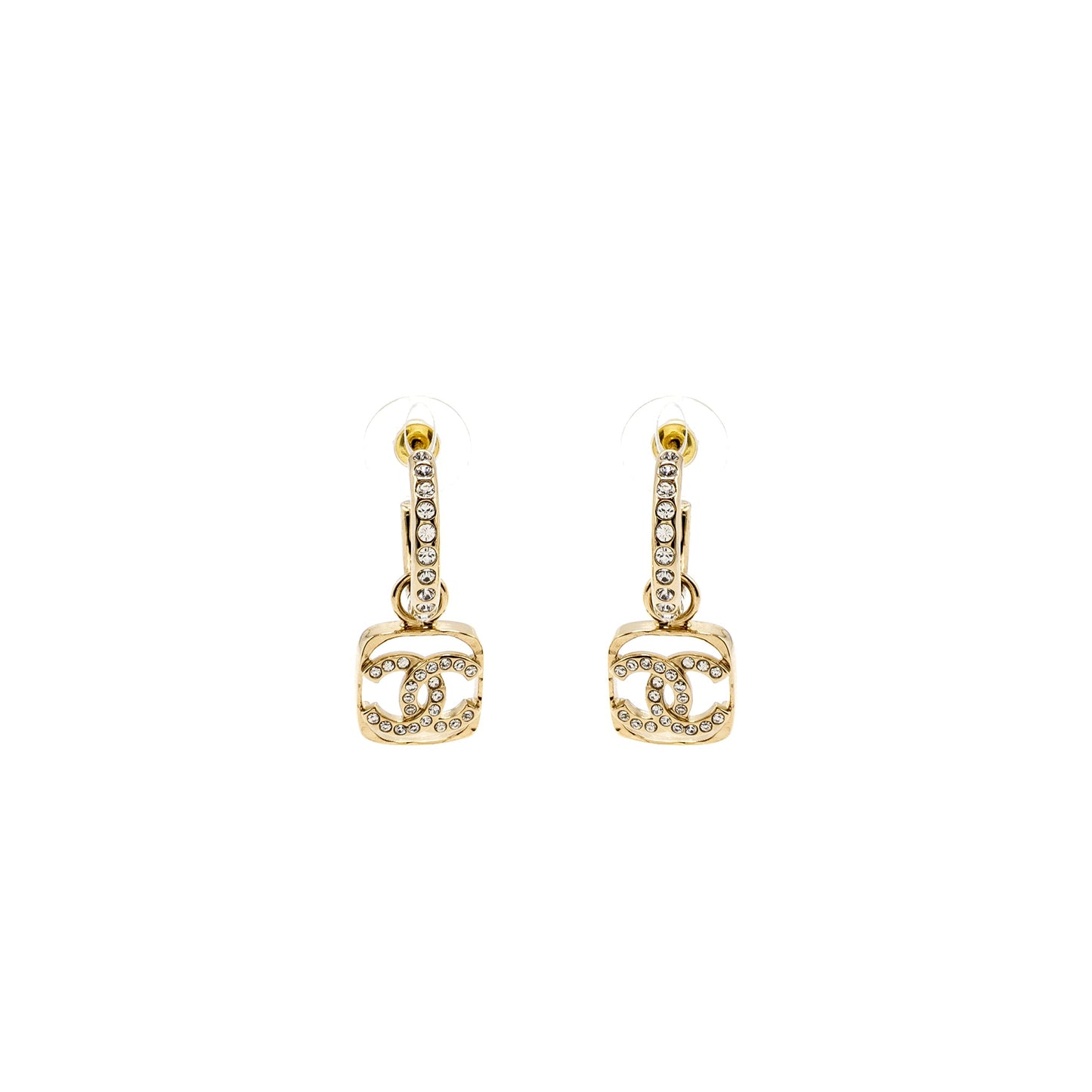 Chanel Square CC Logo Dropped Earrings Crystal Light Gold Tone