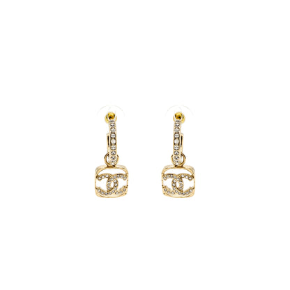 Chanel Square CC Logo Dropped Earrings Crystal Light Gold Tone