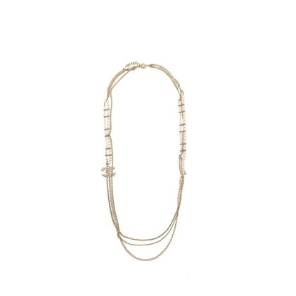 Chanel 19K CC logo long Necklace Pearl/Crystal/Light Gold Tone