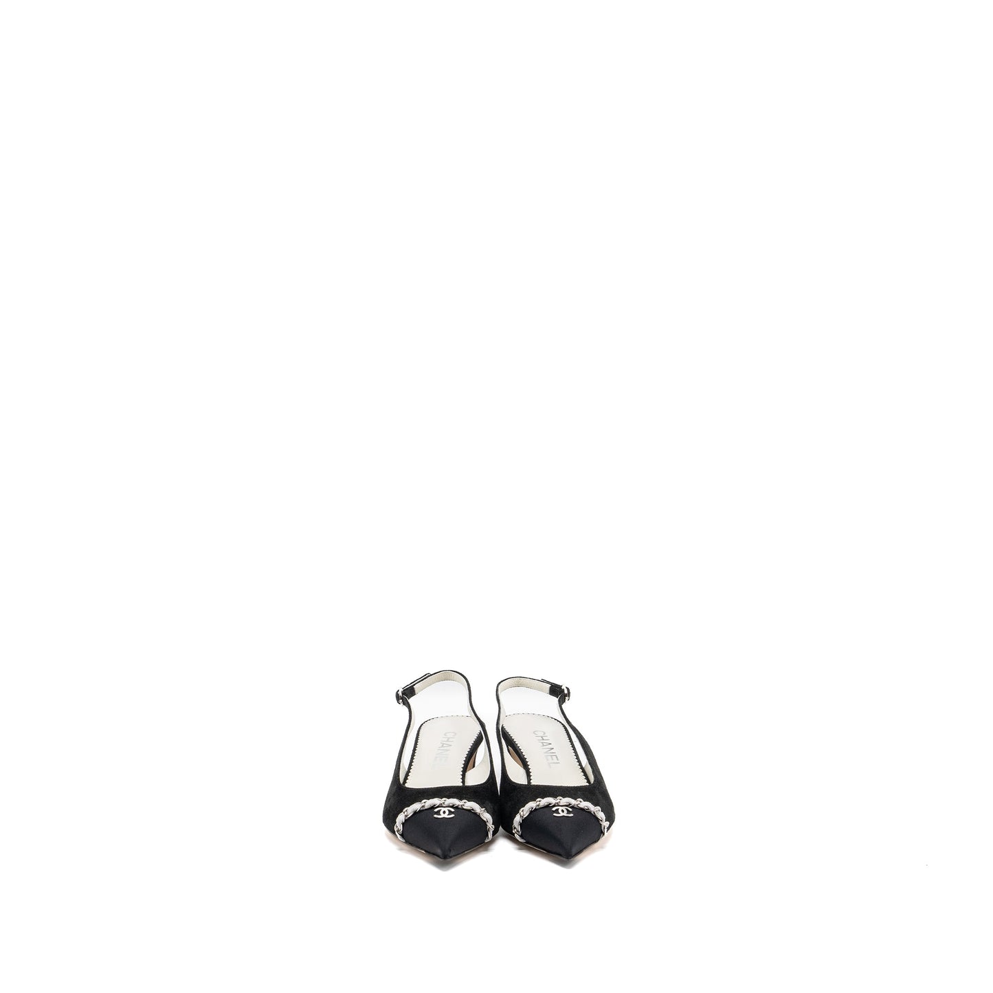 CHANEL SIZE 36 SLINGS SHOES Suede Calfskin/ Grosgrain Metal Black and Light Grey
