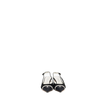 CHANEL SIZE 36 SLINGS SHOES Suede Calfskin/ Grosgrain Metal Black and Light Grey