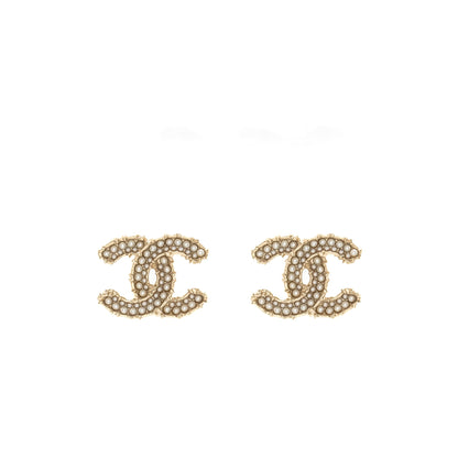 Chanel CC logo with mini pearl deco earrings light gold tone