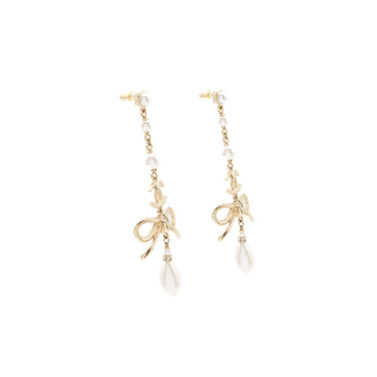 Chanel pearl / cc logo / bow tie drop earrings gold tone