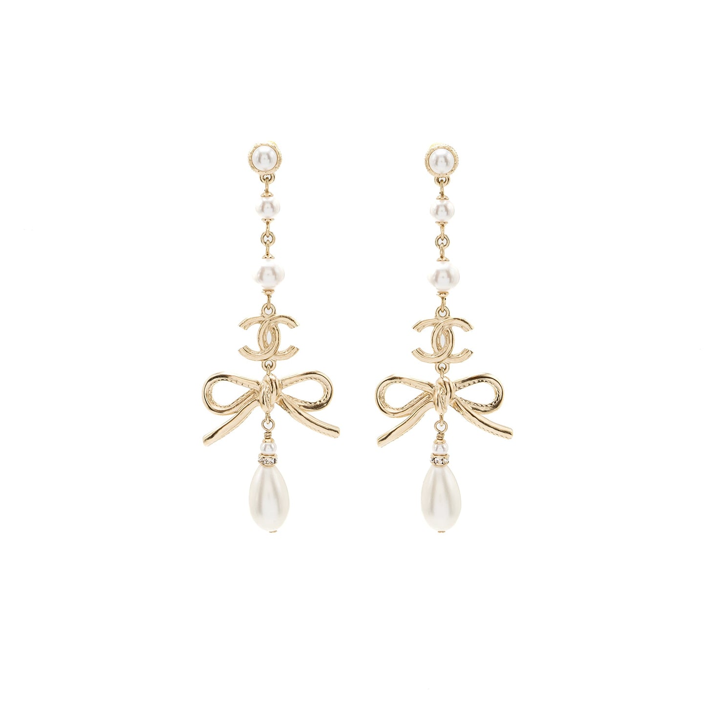 Chanel pearl / cc logo / bow tie drop earrings gold tone