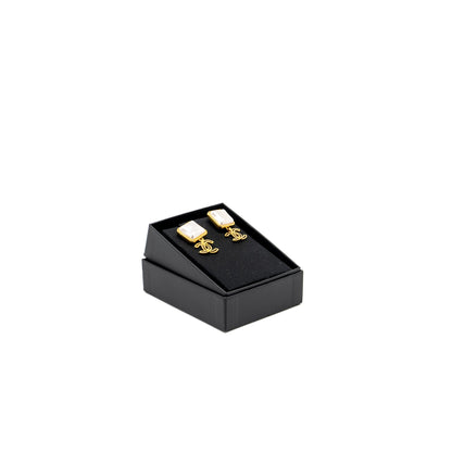 Chanel CC Logo Drop Square Pearl Earrings Gold Tone