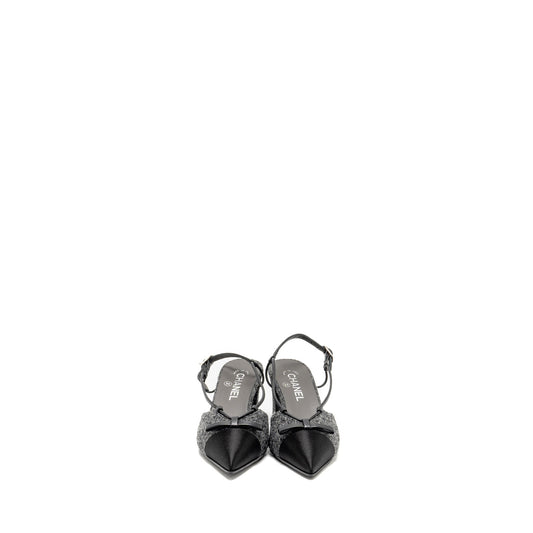 Chanel Size 37.5 Cap Toe CC Slingback Pumps Tweed Grey/Black