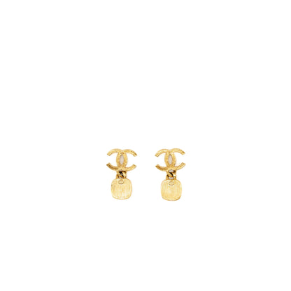 Chanel CC Logo Square Pearl Drop Earrings Gold Tone