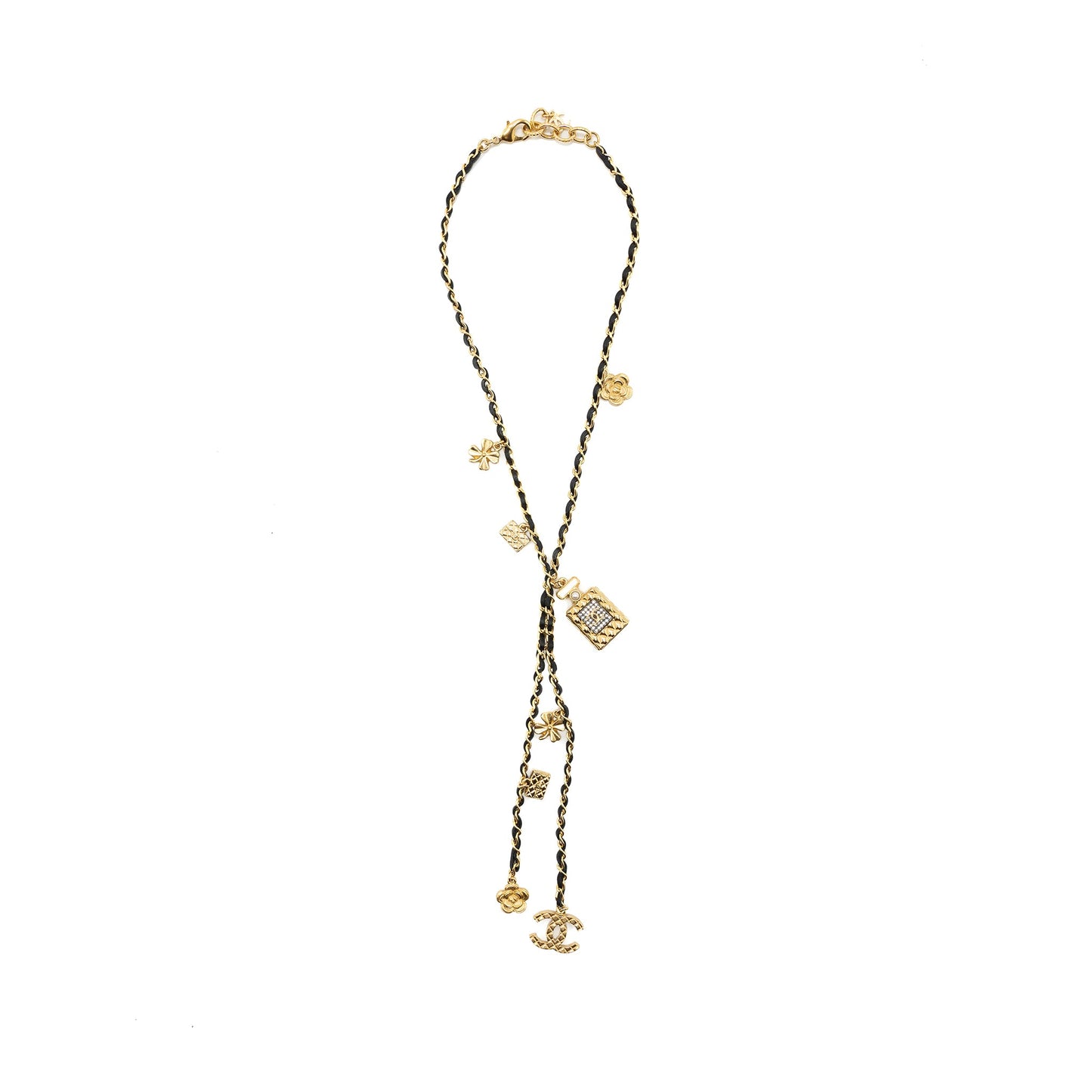 chanel perfume bottle with charm black and gold tone
