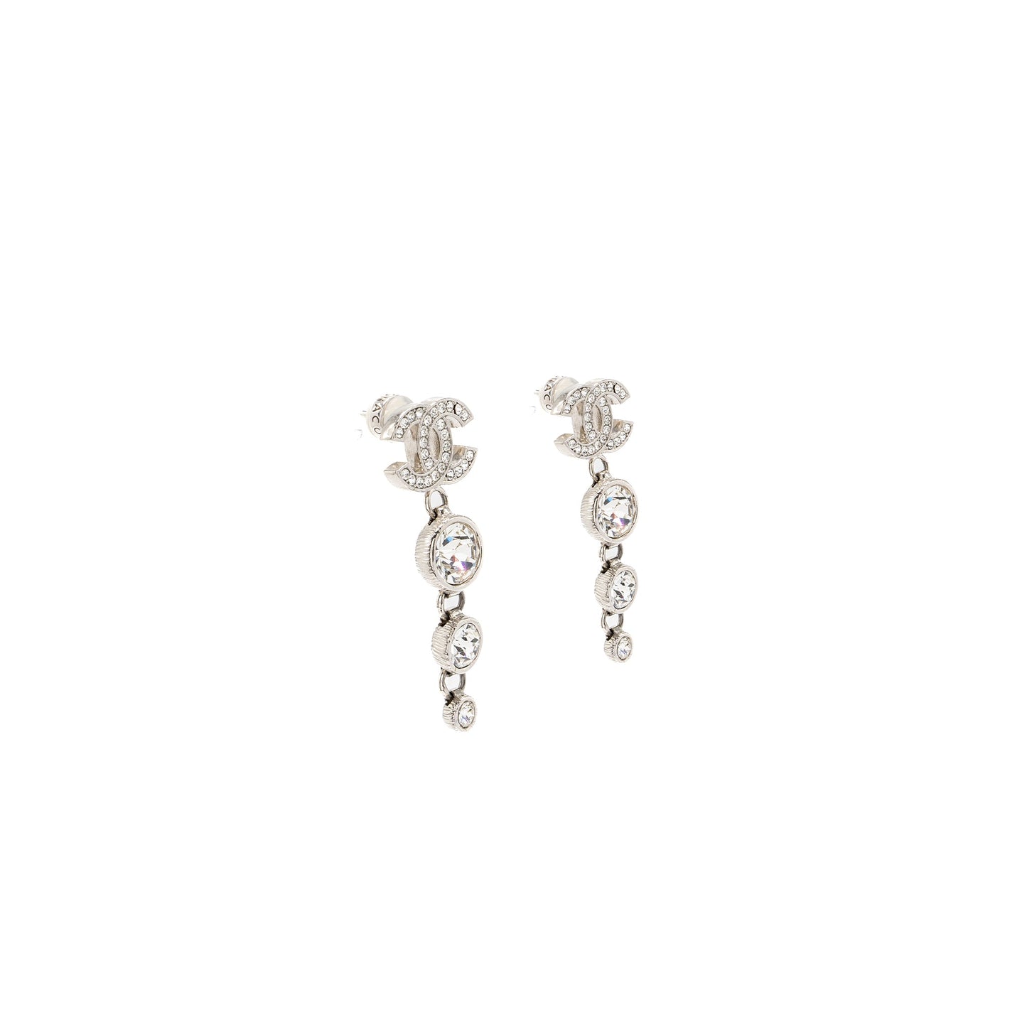 Chanel CC Logo Crystal Drop Earring Silver Tone
