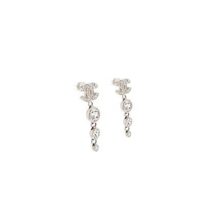 Chanel CC Logo Crystal Drop Earring Silver Tone