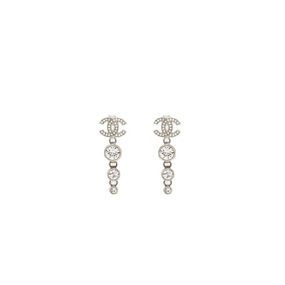 Chanel CC Logo Crystal Drop Earring Silver Tone