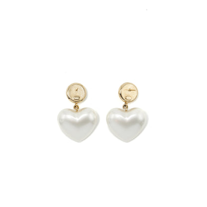 Chanel giant cc logo heart earrings crystal/pearl light gold tone