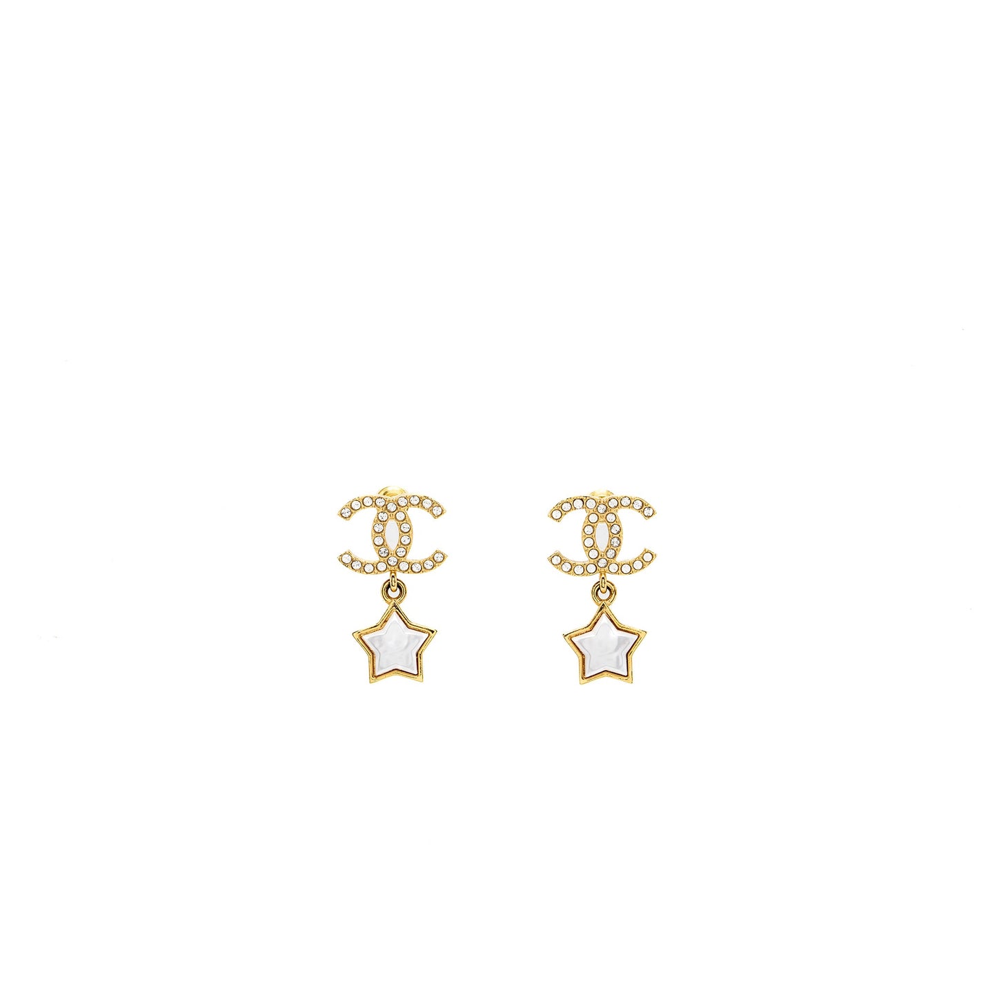 Chanel CC Logo Star Dropped earrings Pearl/Crystal/Gold Tone