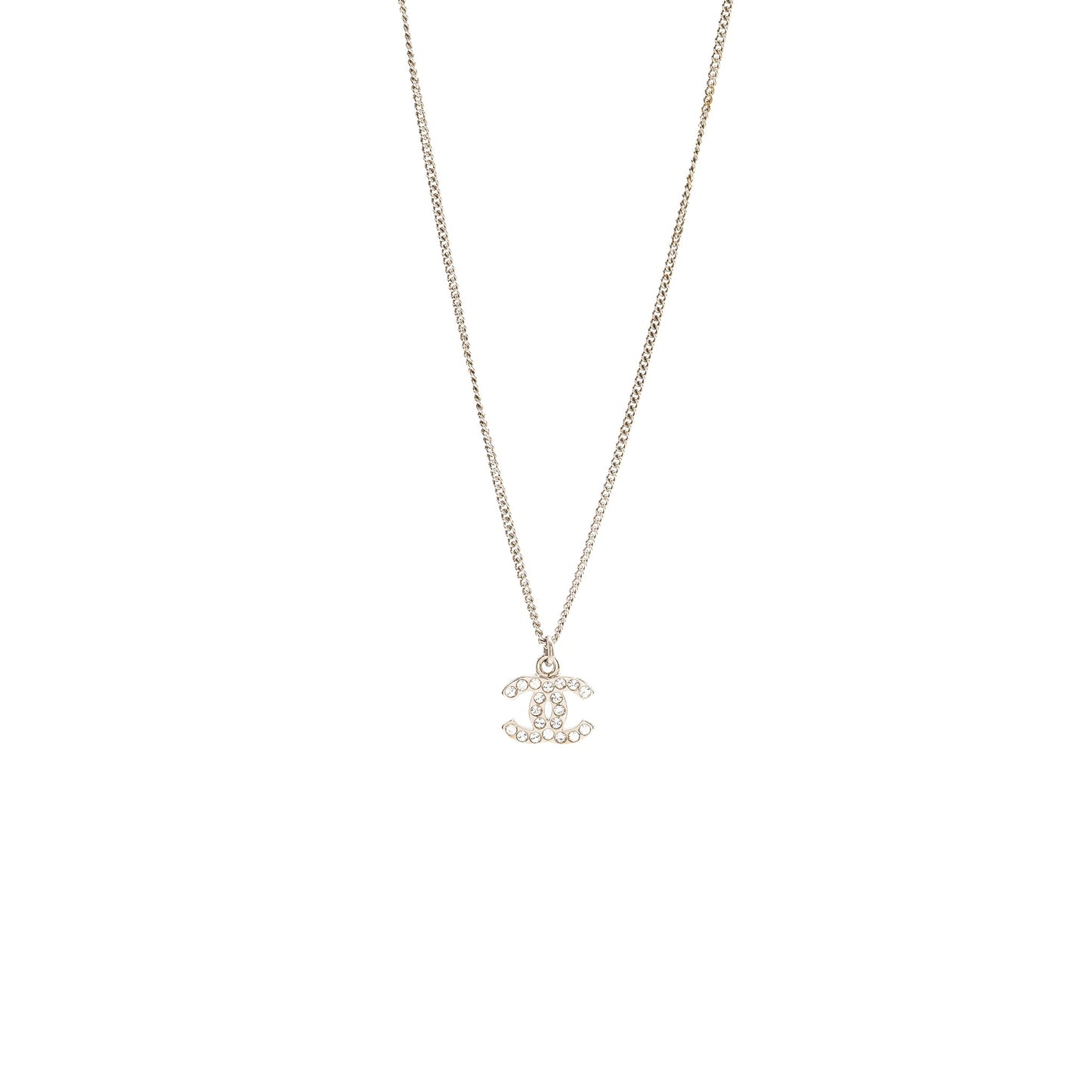 Chanel small model cc logo crystal necklace silver tone