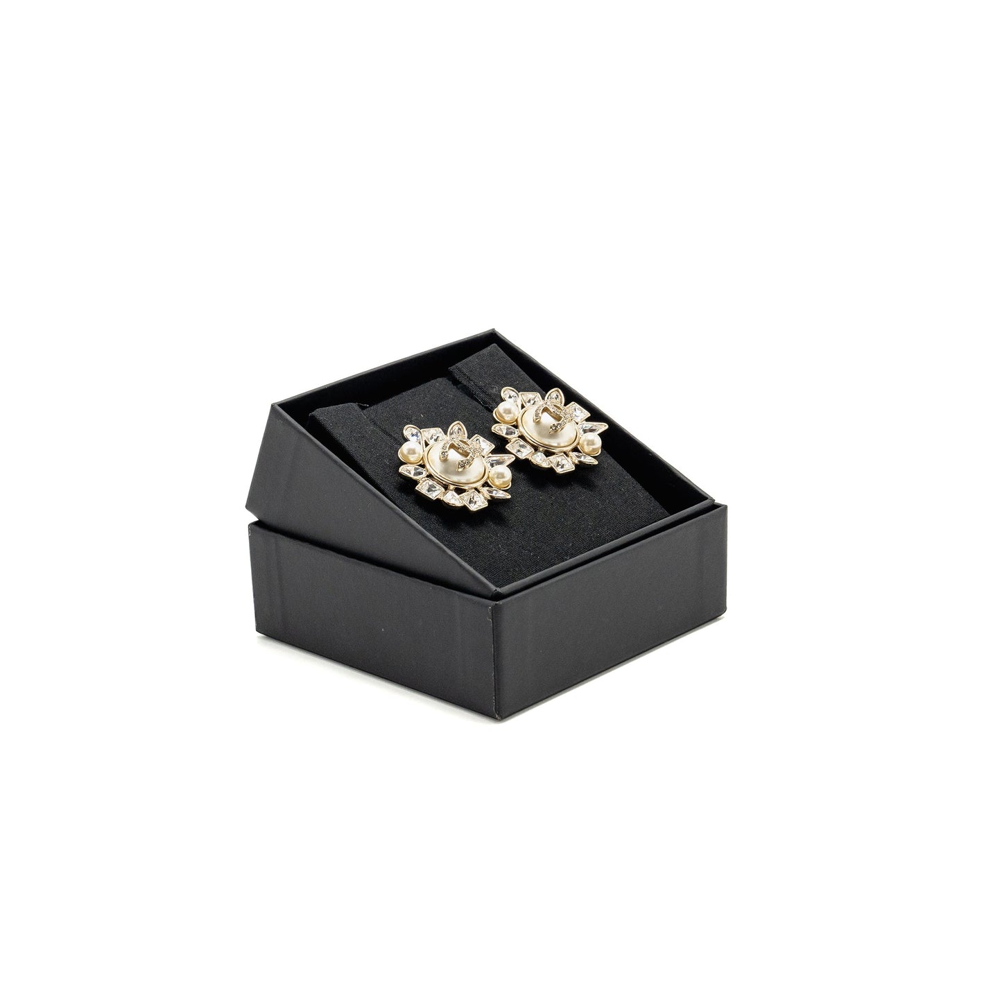 Chanel Giant Geometric CC Logo Earrings Pearl/Crystal Light Gold Tone