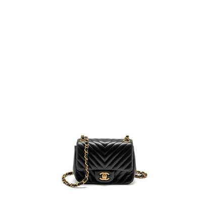 Chanel Mini Square Chevron Flap Bag Lambskin Black
