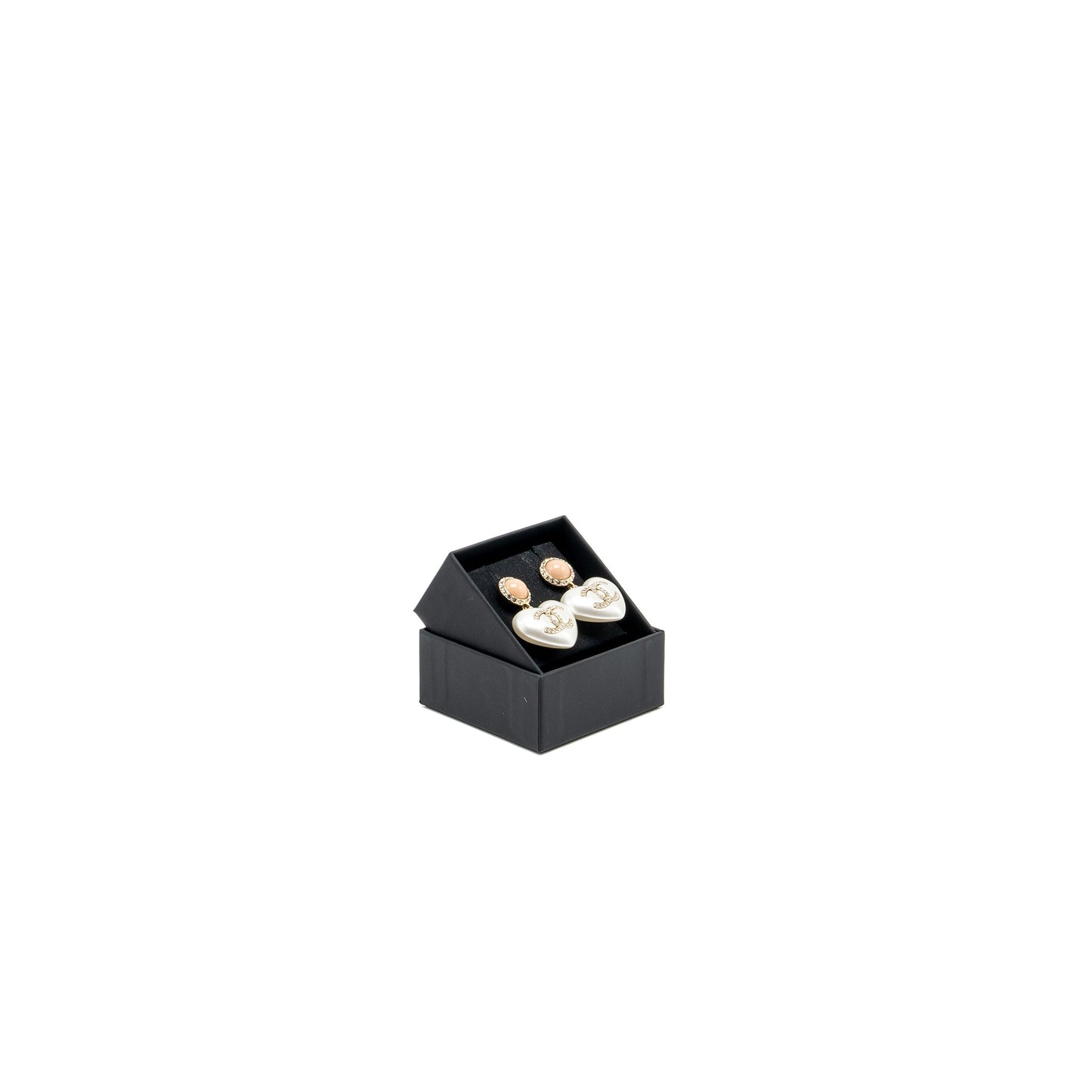 Chanel giant cc logo heart earrings crystal/pearl light gold tone