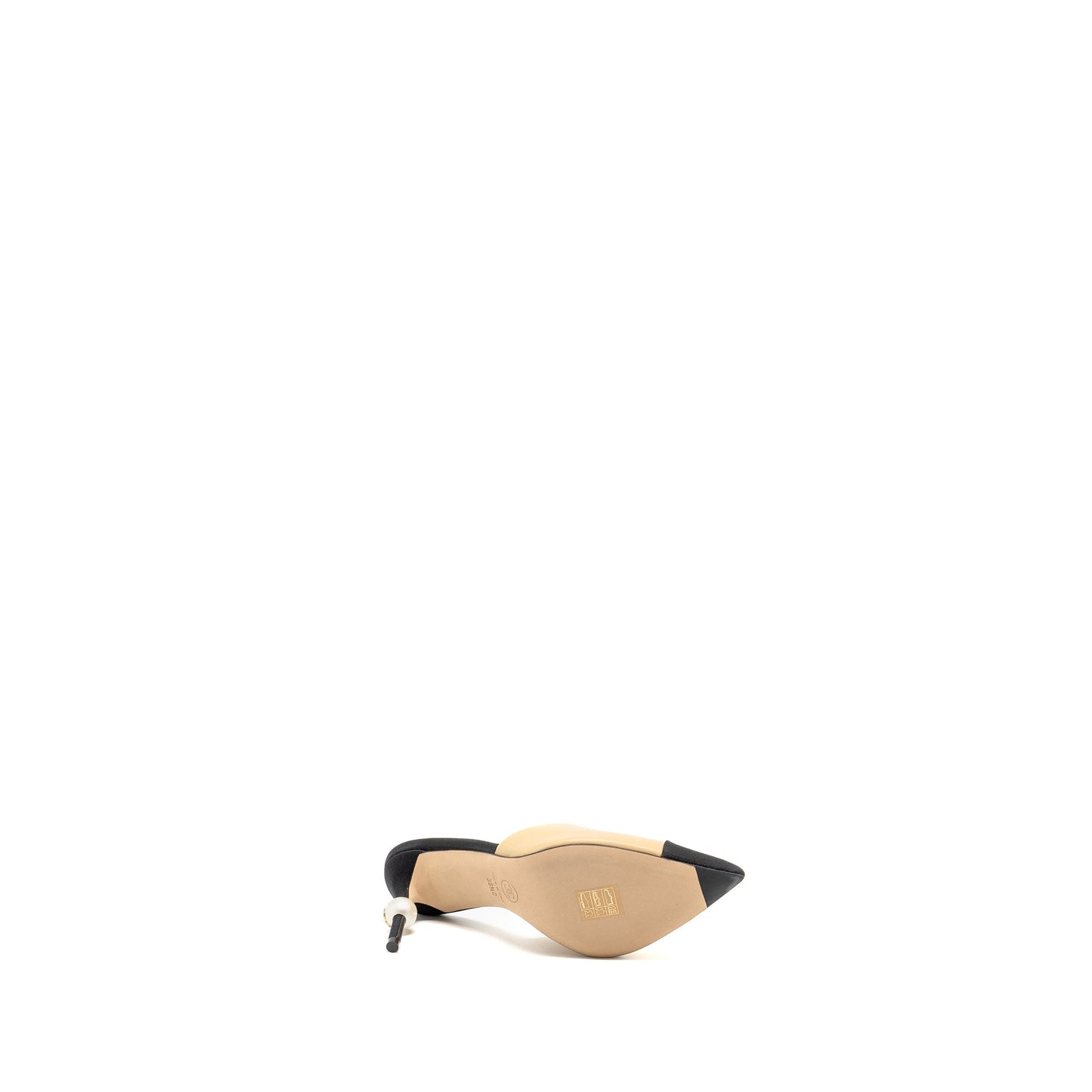 Chanel Size 36.5 Pearl Heel Mule Leather Beige/Black