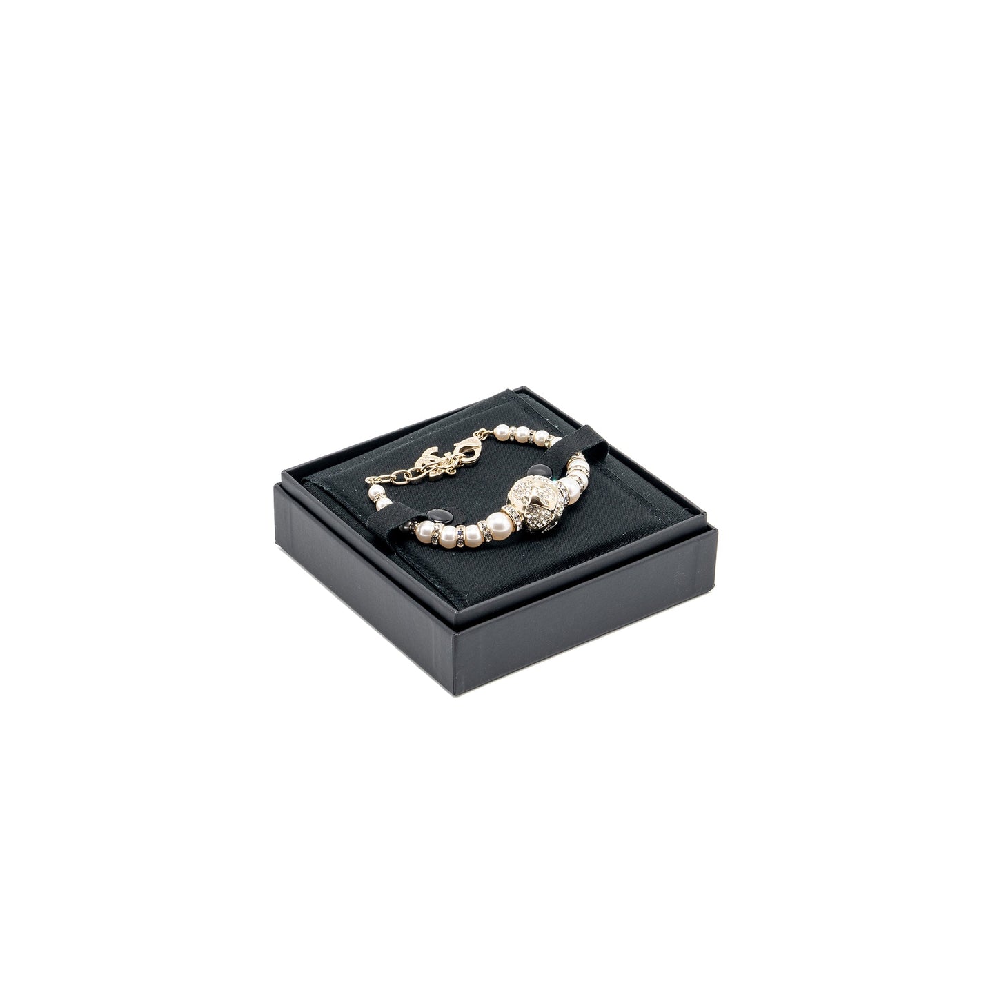 Chanel Crystal & Pearl CC Logo Bracelet Light Gold Tone