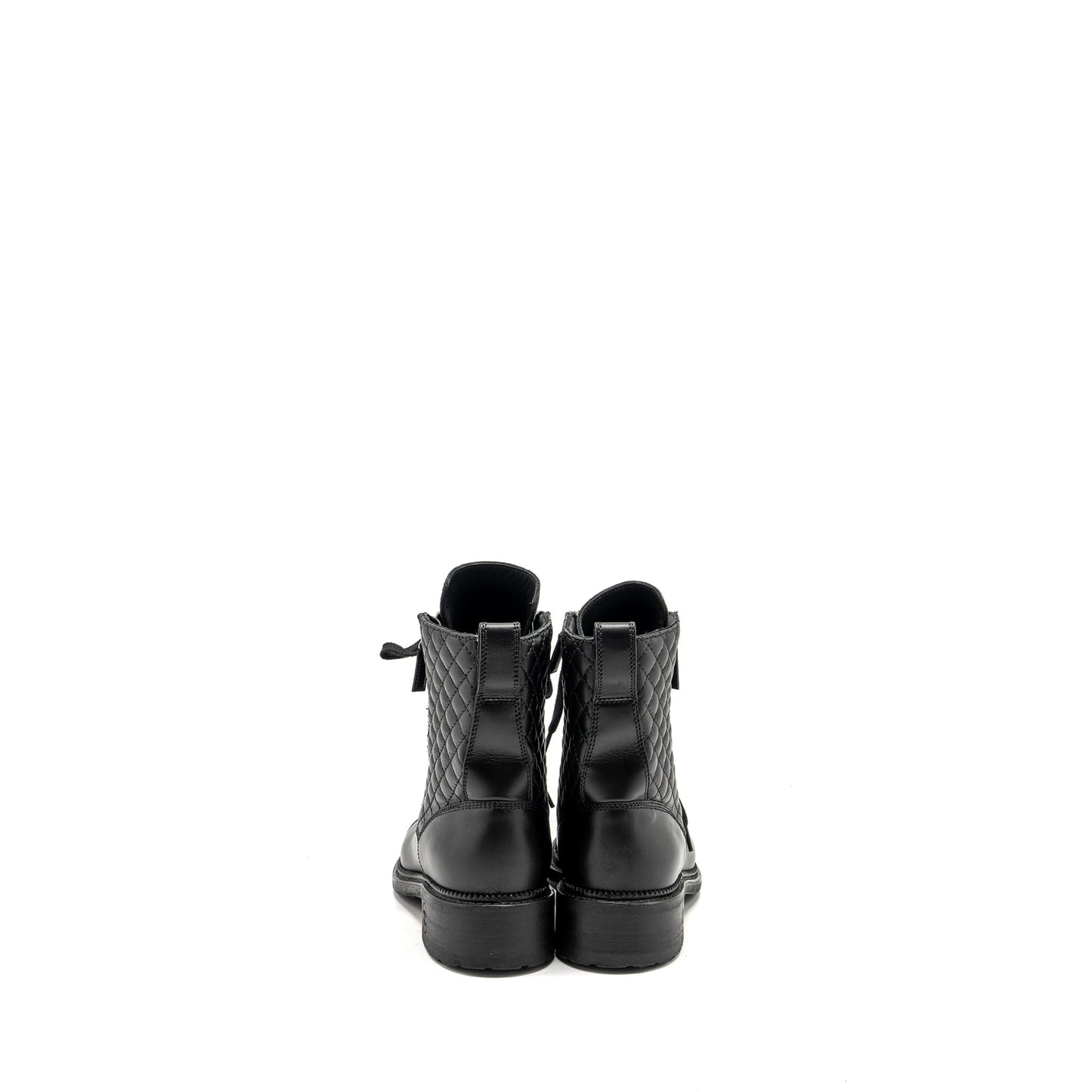 Chanel Size 38 Quilted Lace Up Combat Boots Calfskin Black