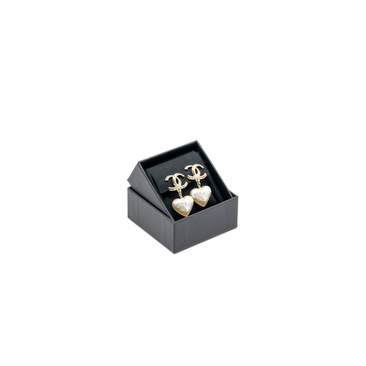 Chanel CC Logo Heart Drop Earclips Light Gold Tone