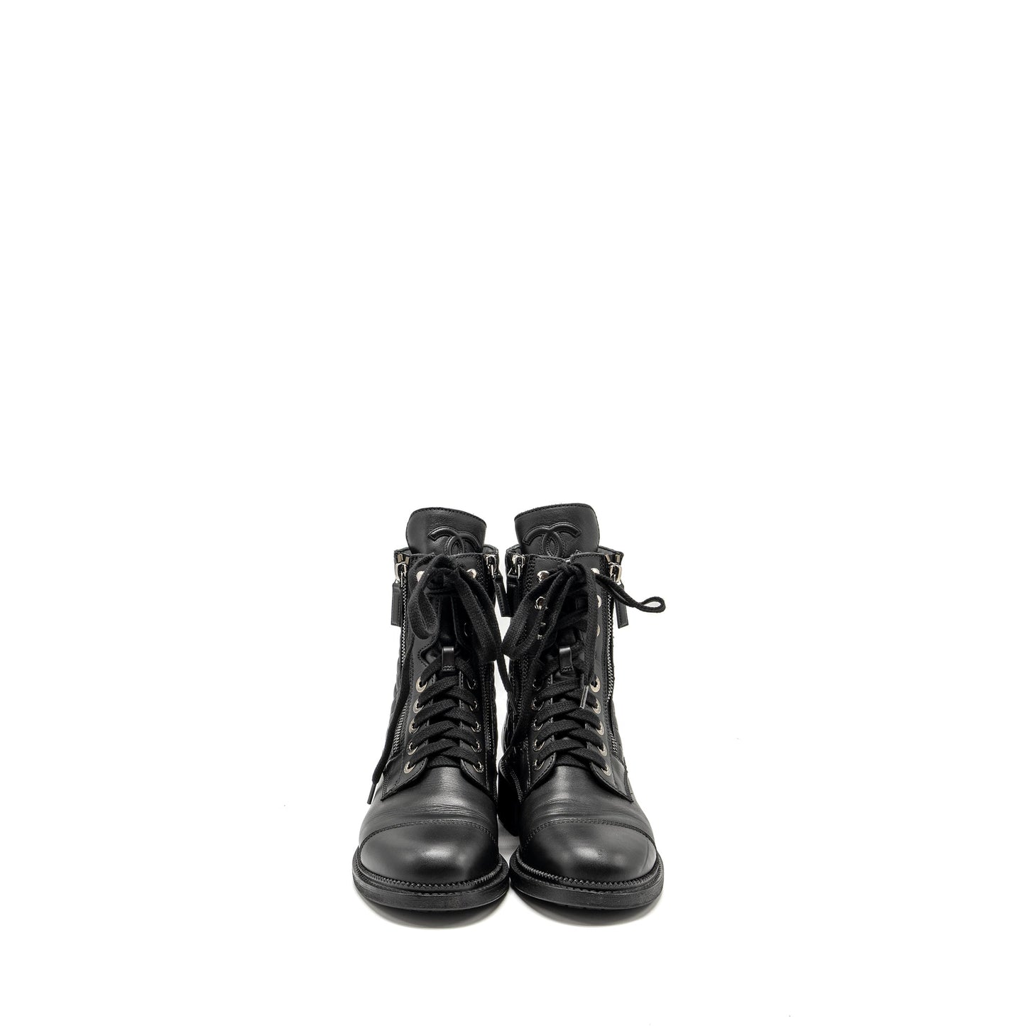 Chanel Size 38 Quilted Lace Up Combat Boots Calfskin Black