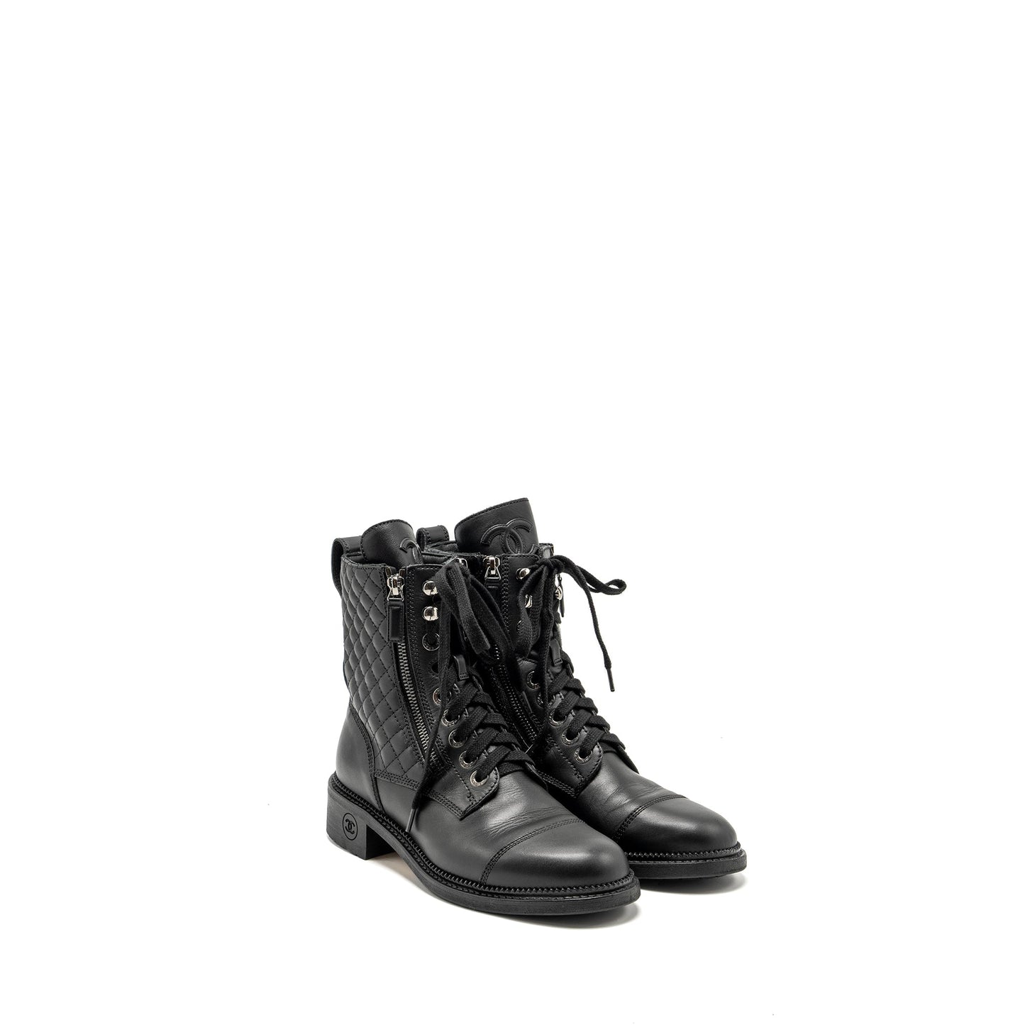 Chanel Size 38 Quilted Lace Up Combat Boots Calfskin Black