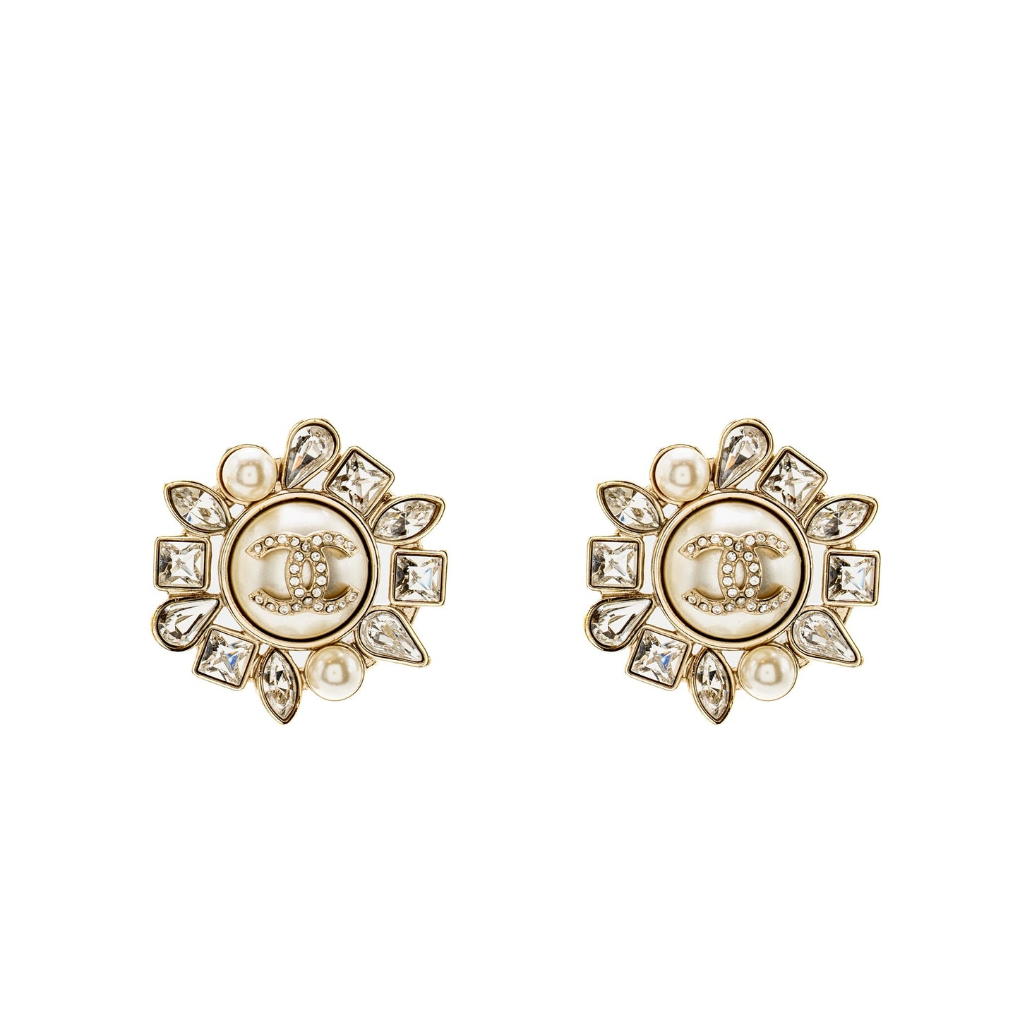 Chanel Giant Geometric CC Logo Earrings Pearl/Crystal Light Gold Tone